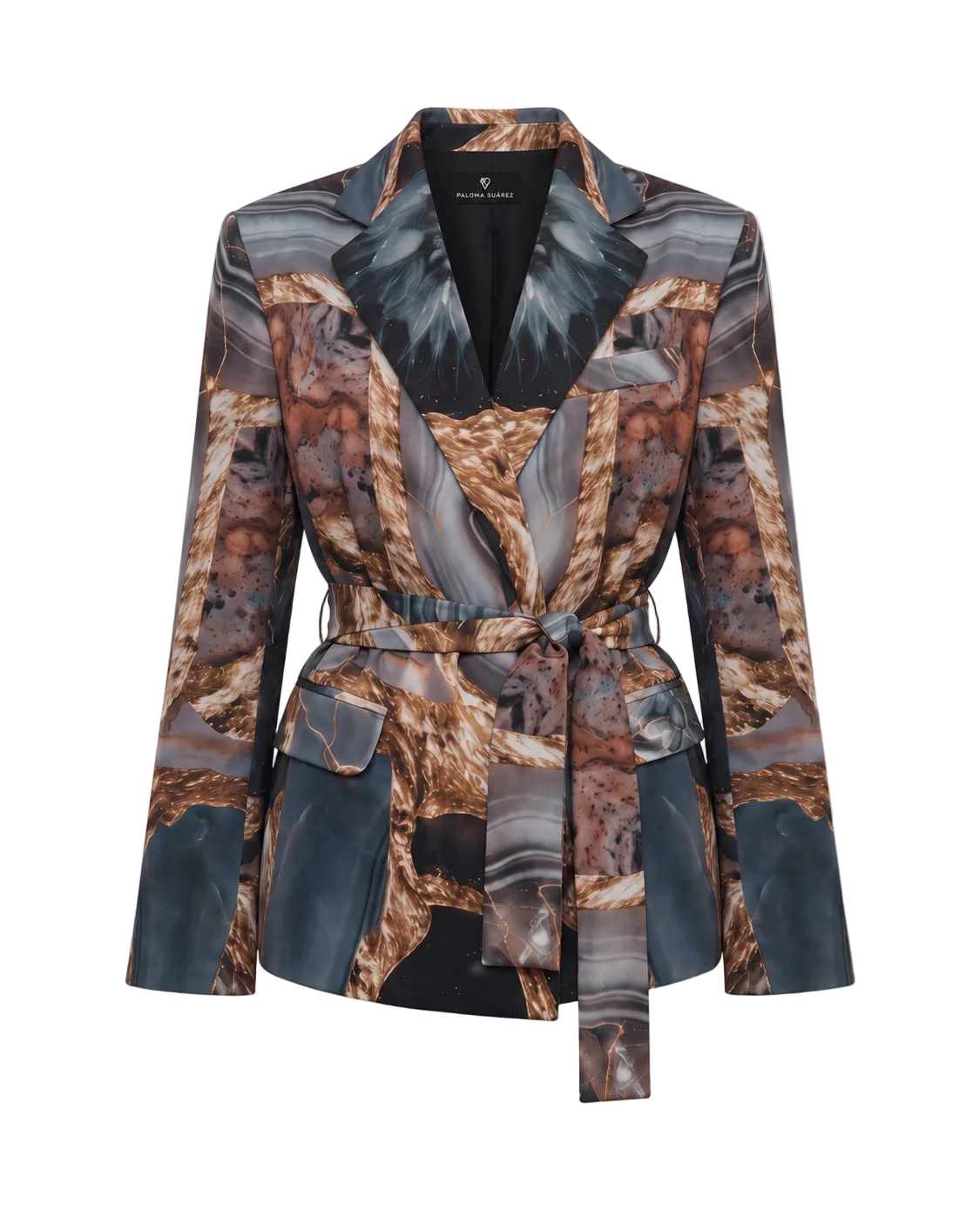 Bedruckter Satinblazer mit Gürtel