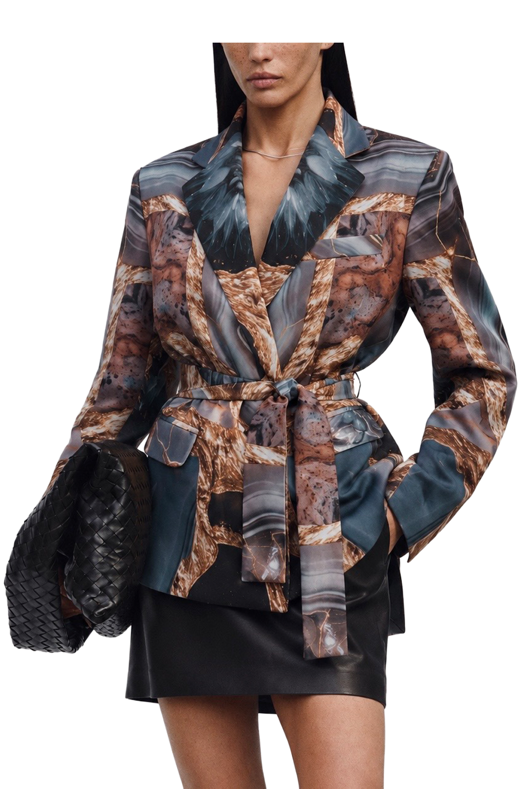 Bedruckter Satinblazer mit Gürtel
