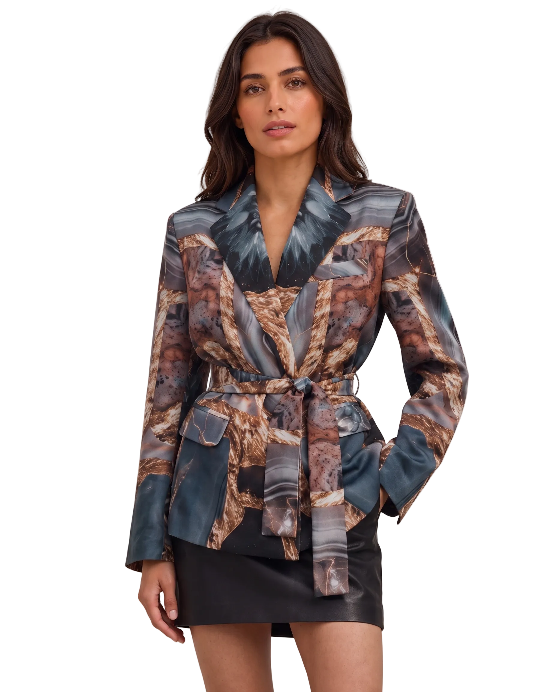 Bedruckter Satinblazer mit Gürtel